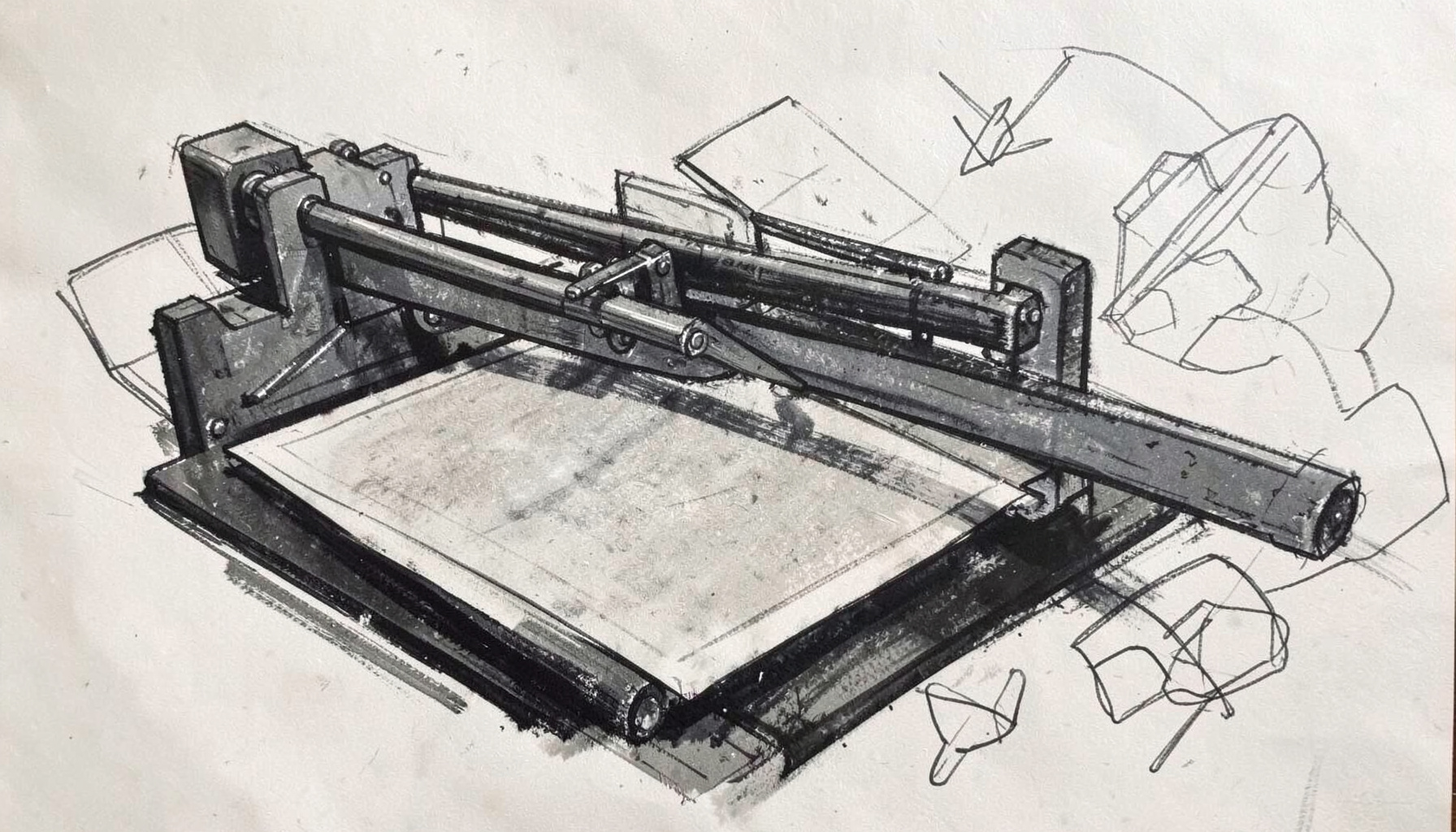 A bold charcoal-style drawing of a desktop pen plotter with its arm extended over a sheet of paper, surrounded by loose vector-path sketches. Dark grays and muted whites dominate, with subtle warm paper tones.