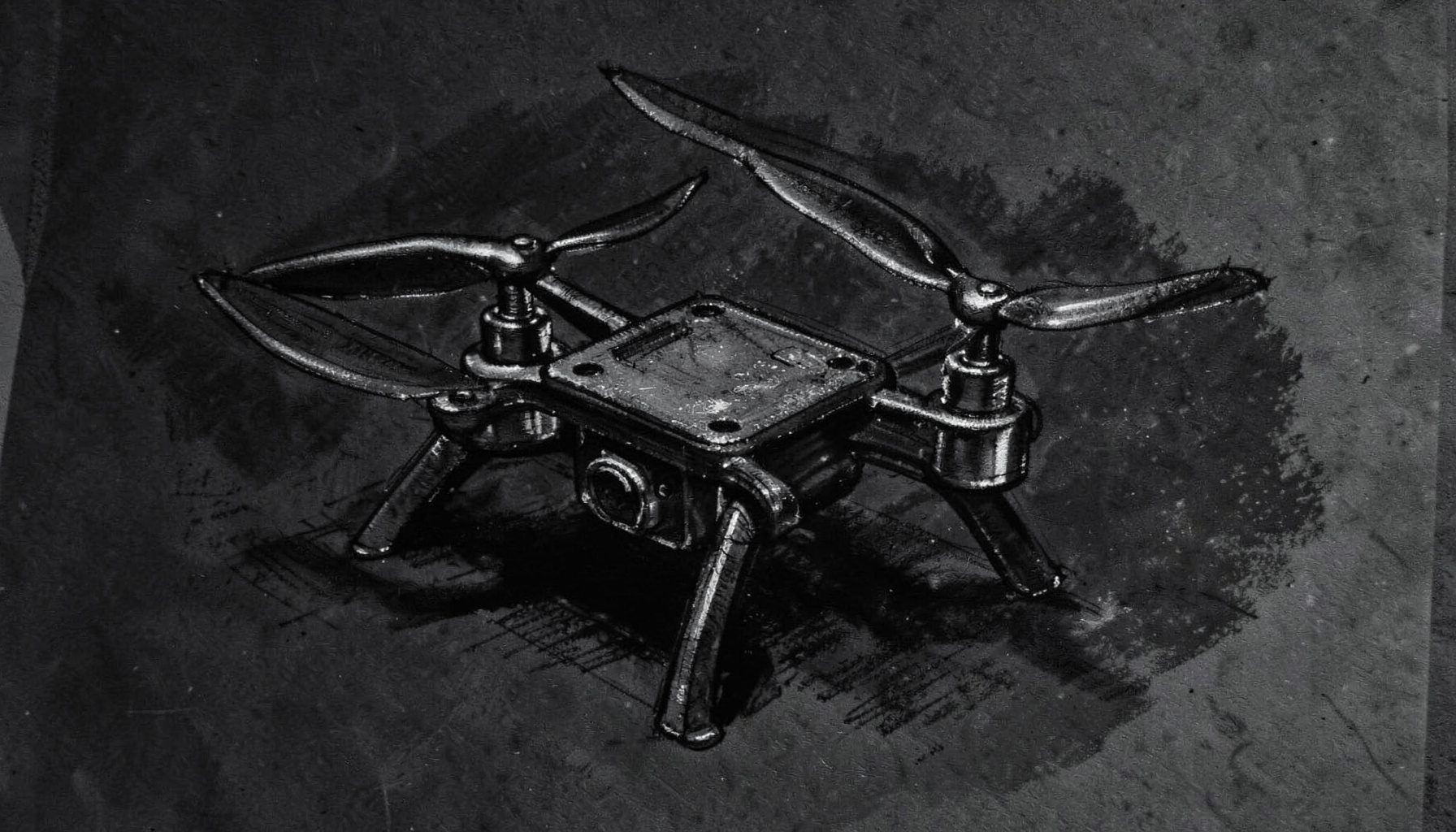 A bold charcoal drawing of a tiny quadcopter frame with four micro motors and delicate propeller arms, sketched in dramatic side lighting against a dark studio backdrop.