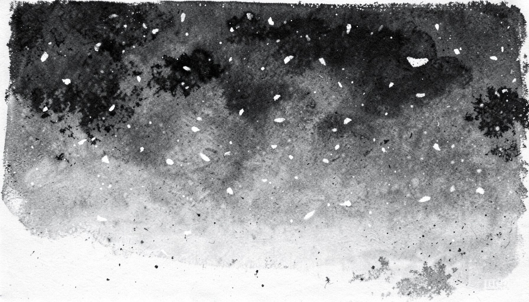 A moody winter scene rendered in bold charcoal strokes: soft drifting flakes descend across a dark grey sky, with heavier clusters near the top fading into sparse specks below.