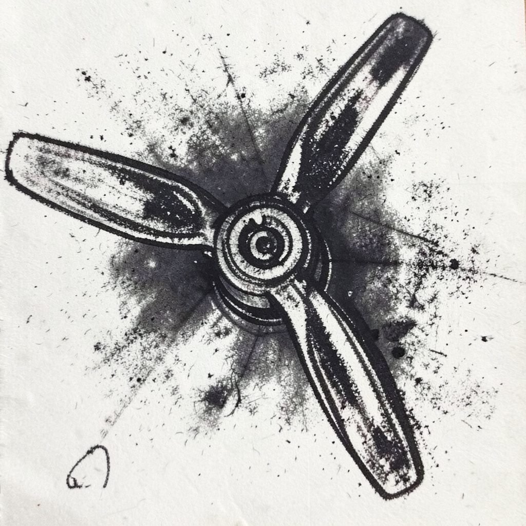 A loose charcoal illustration of a small propeller casting a soft shadow on a light surface, with faint blueprint-style grid lines in the background.