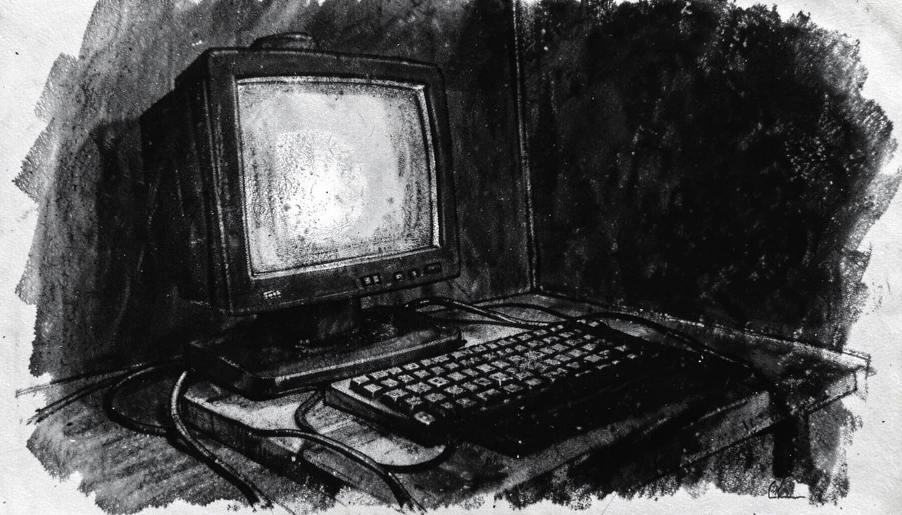 A dark, moody charcoal-style drawing of a dimly lit computer desk with a monitor glowing faintly, cables trailing across the surface, and a keyboard in shadow.